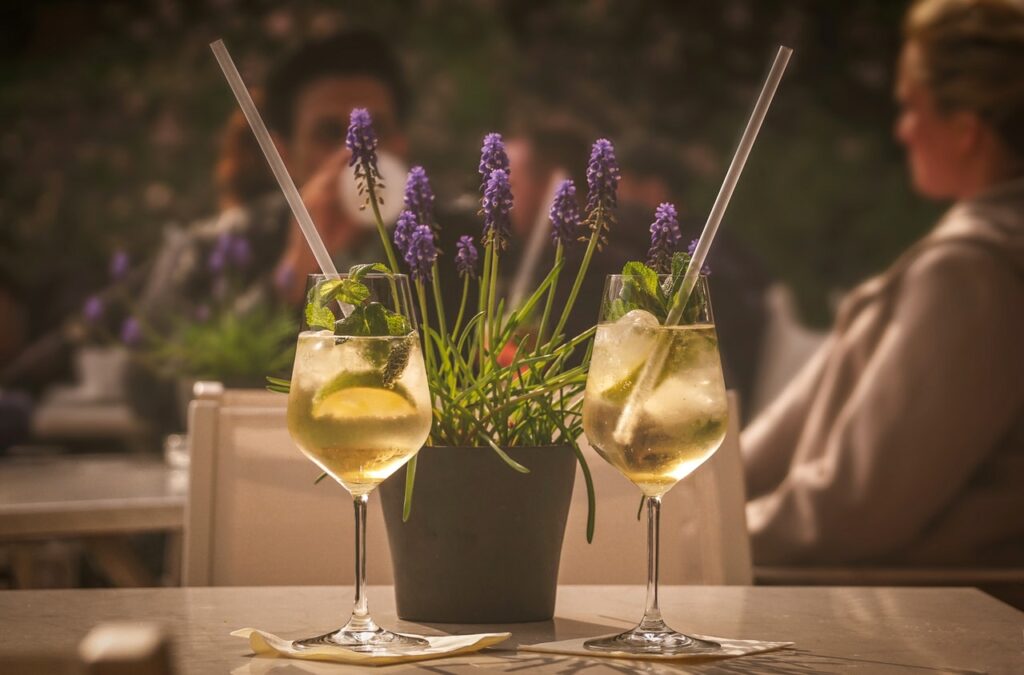 wildflowers in pot on an outdoor dining table
