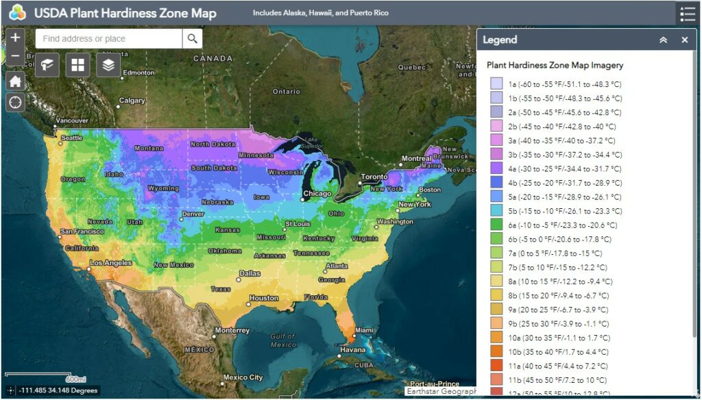 USDA plant hardiness zone map